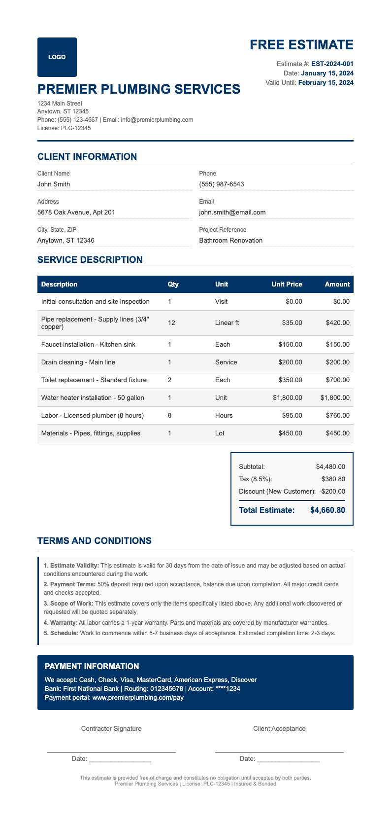 Professional Navy Blue free plumbing estimate